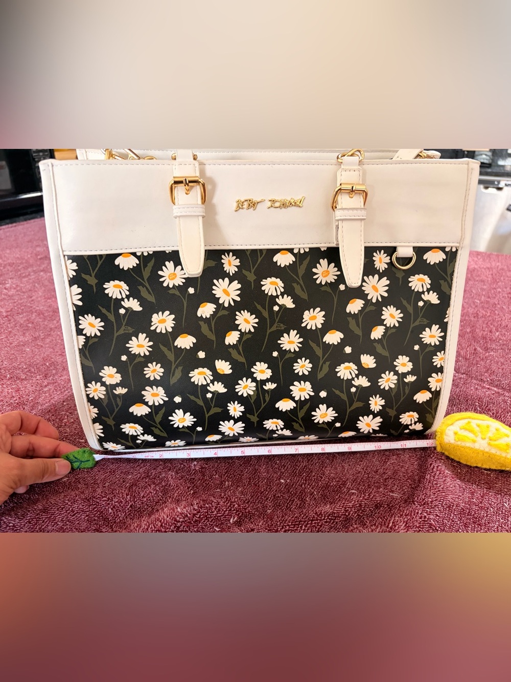Betsey Johnson Black Tote with Cream Trim & White Daisy Print